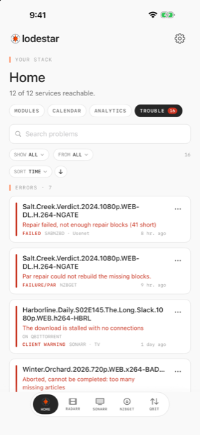 The trouble tab, listing failed downloads and stalled torrents across every service.
