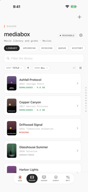 A Radarr library list with state and size on every row.