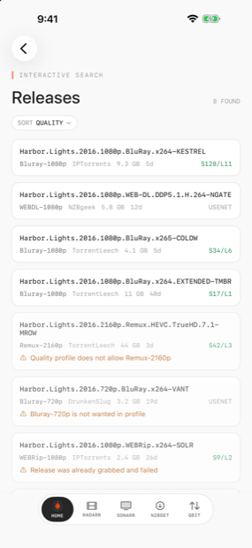 An interactive release search showing why each release was rejected.