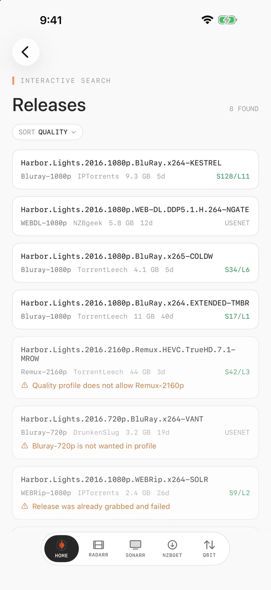 An interactive release search showing why each release was rejected.