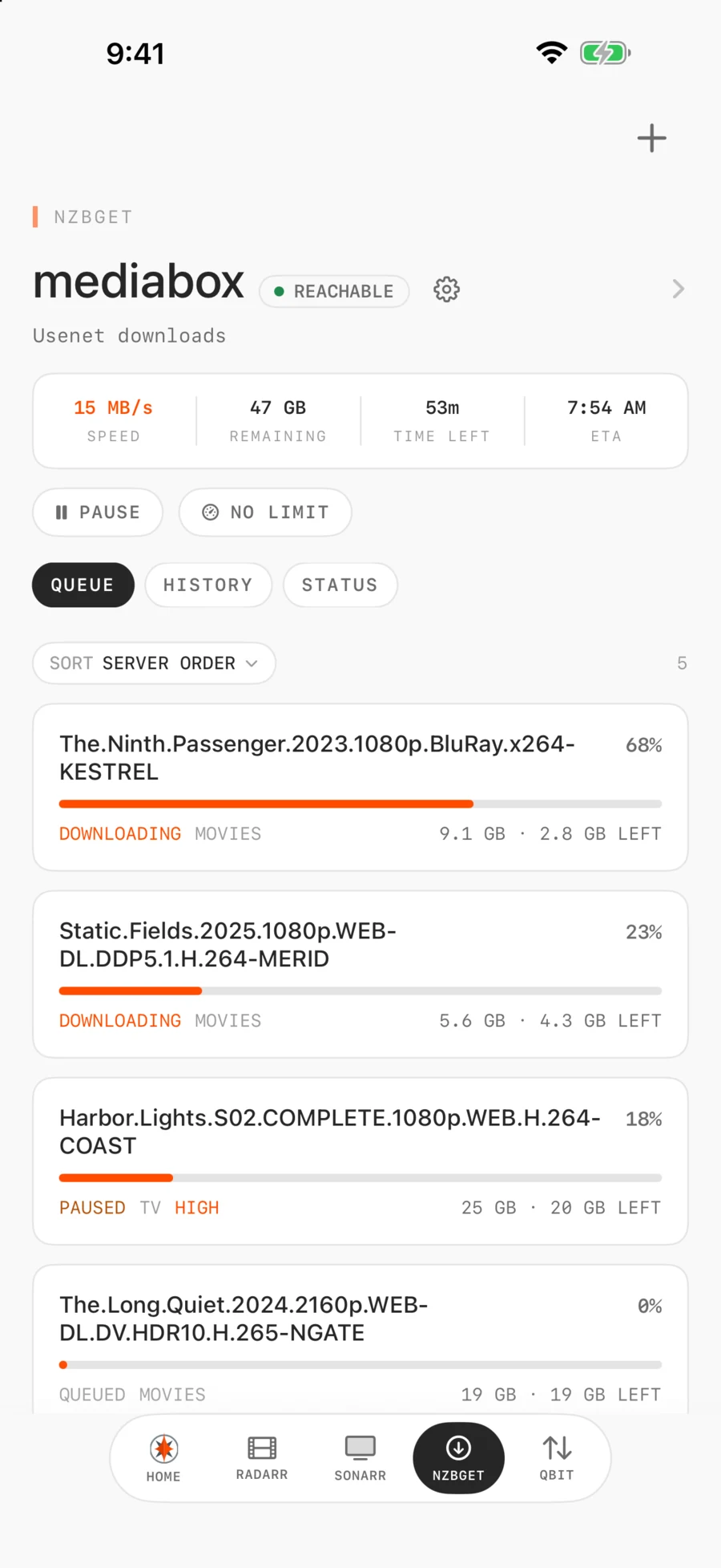 An NZBGet queue with live speed, per-item control and drag to reorder.