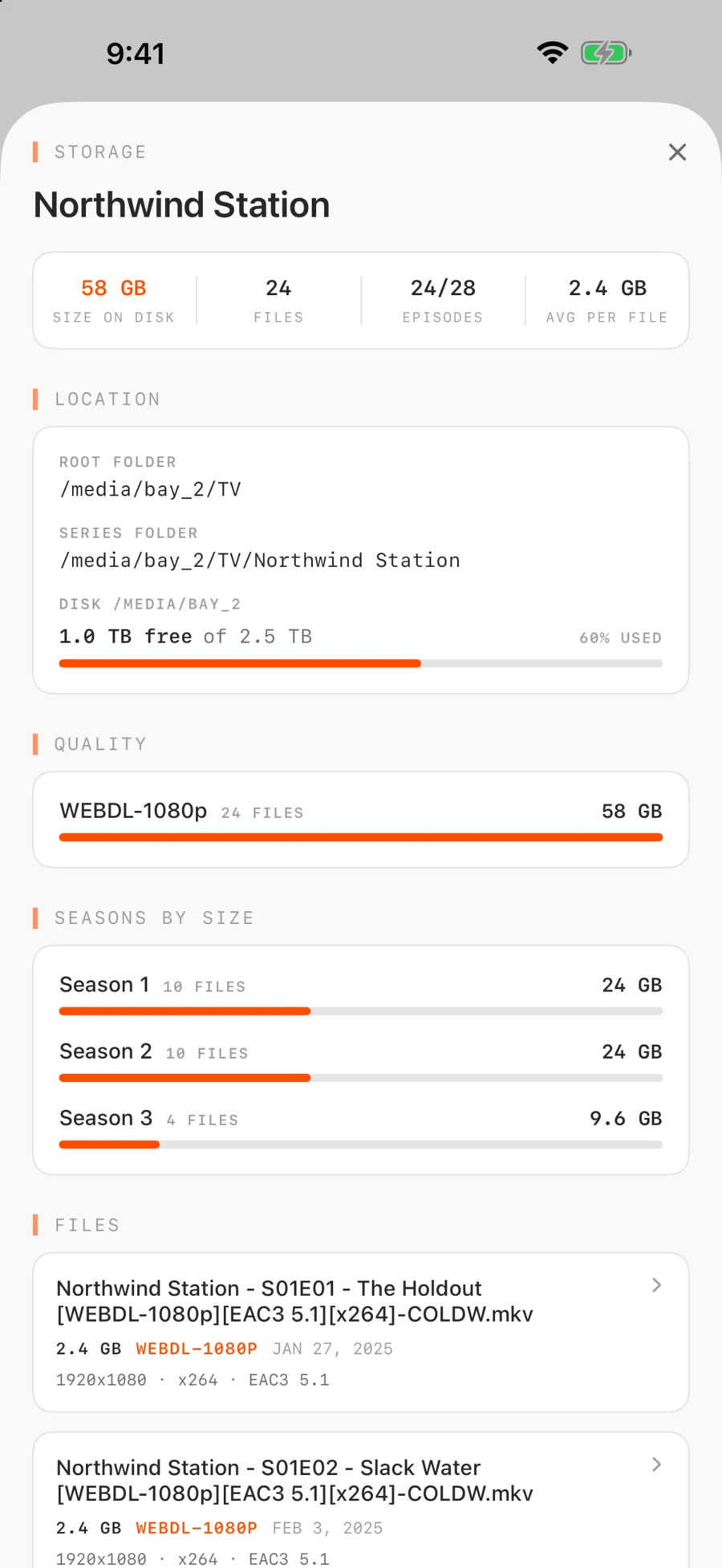 A storage breakdown for one series: every file, its quality and the disk it sits on.